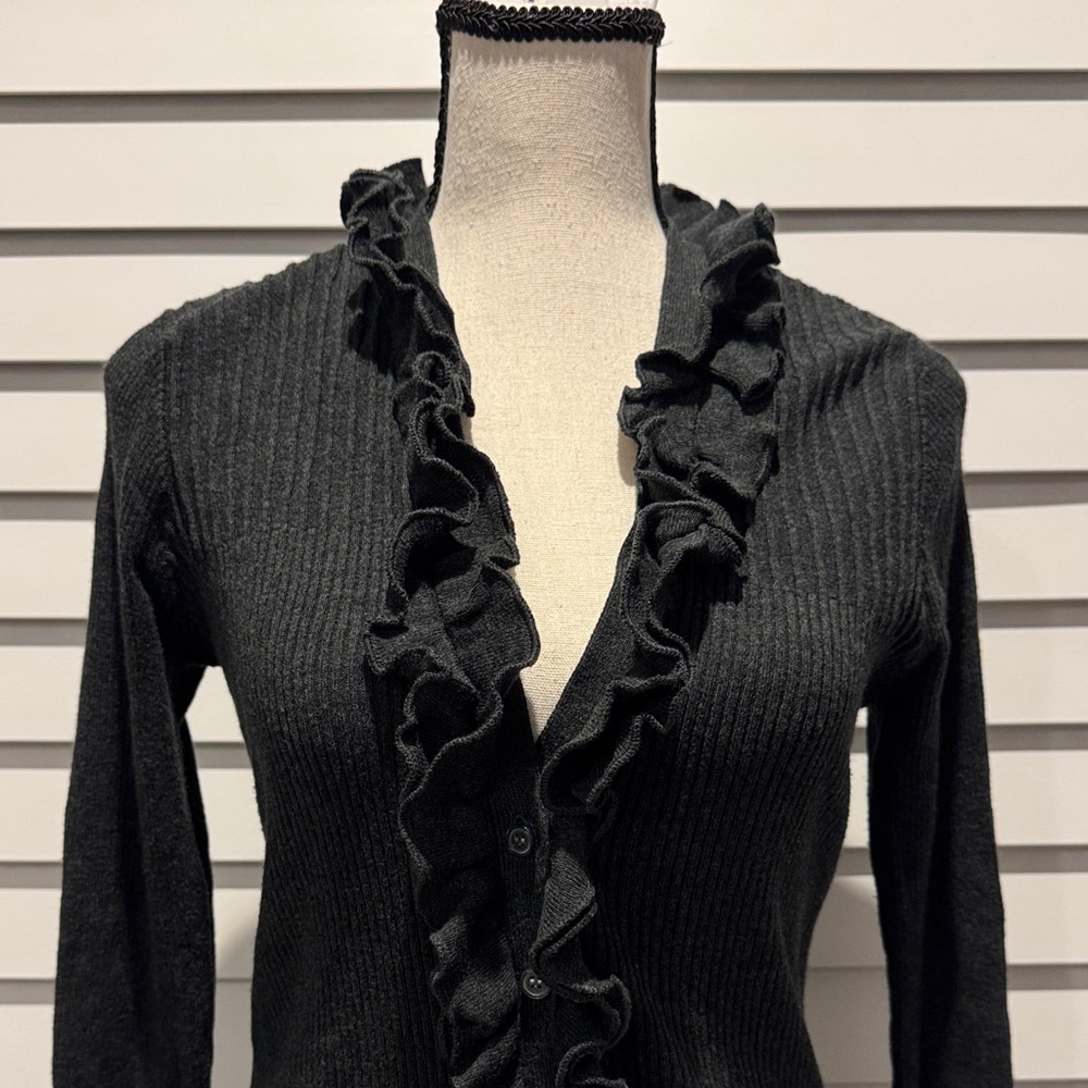 The Limited Gray ribbed ruffle button down V-Neck Sweater - Picture 2 of 11